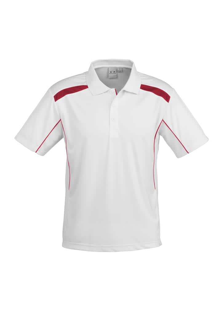 A white short sleeve polo shirt featuring red accents and a logo on the chest area.