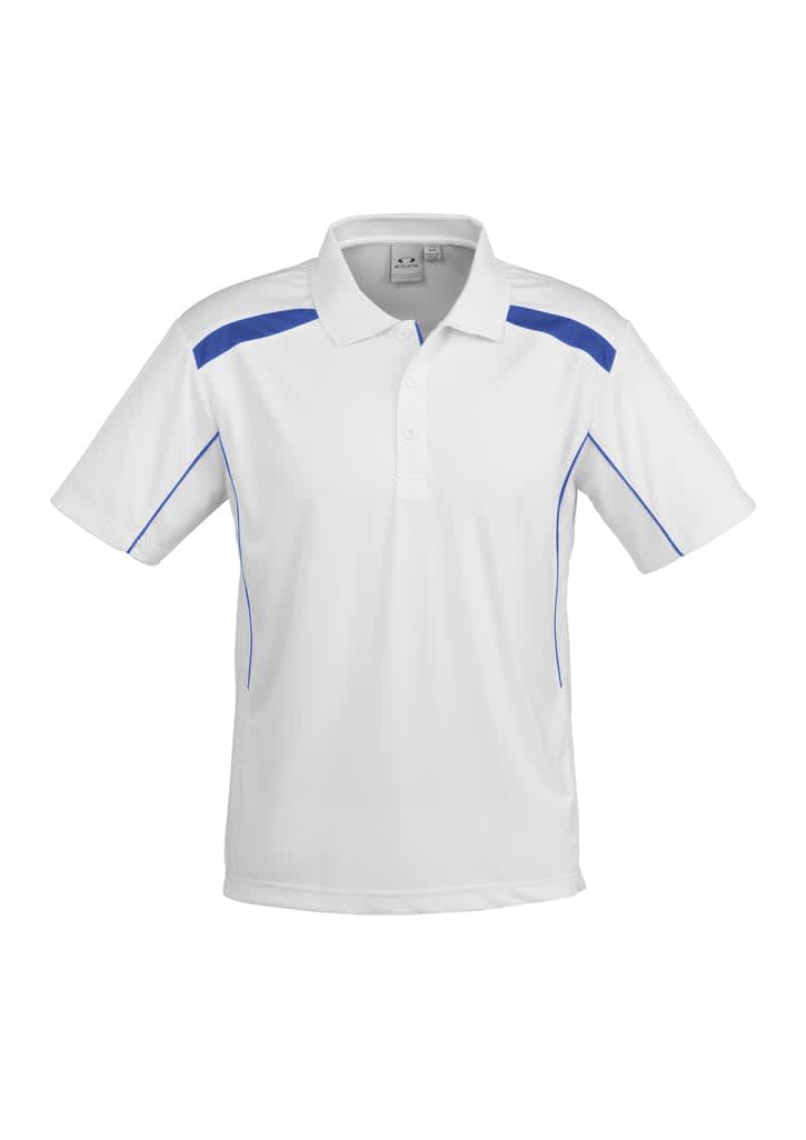 A white polo shirt with blue accents and a logo on the chest, featuring a classic collar and short sleeves.