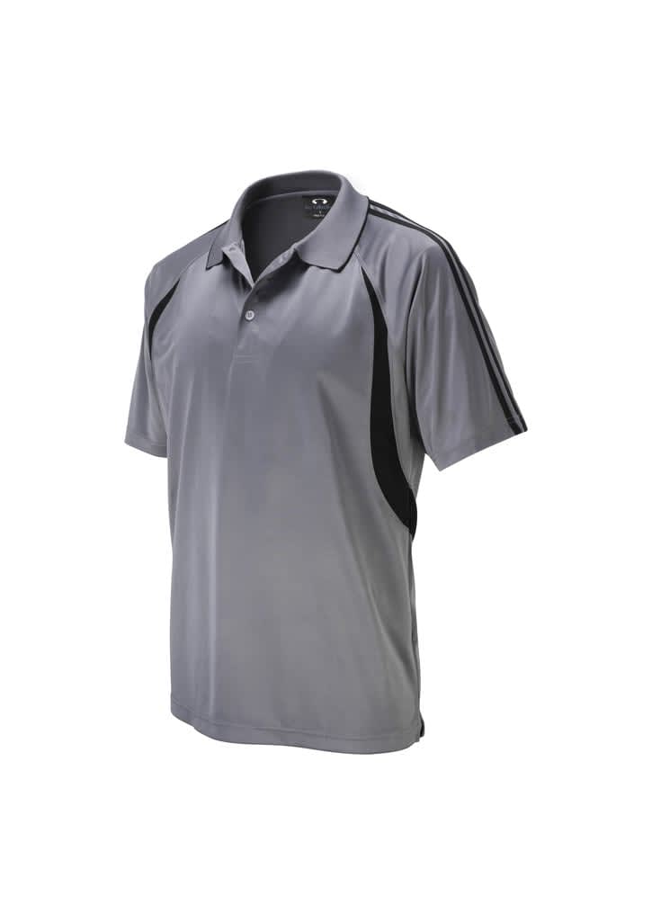 A grey polo shirt with black side panels and a logo on the chest, featuring a classic collar and short sleeves.