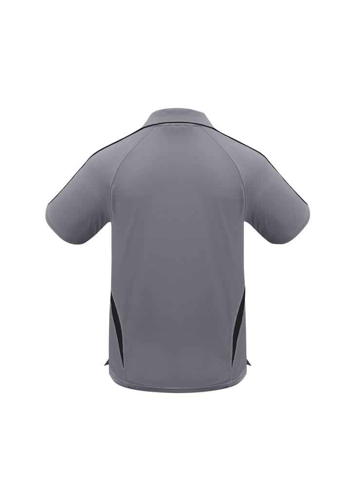A grey kids' polo shirt featuring black side accents and a collar, designed with a logo.