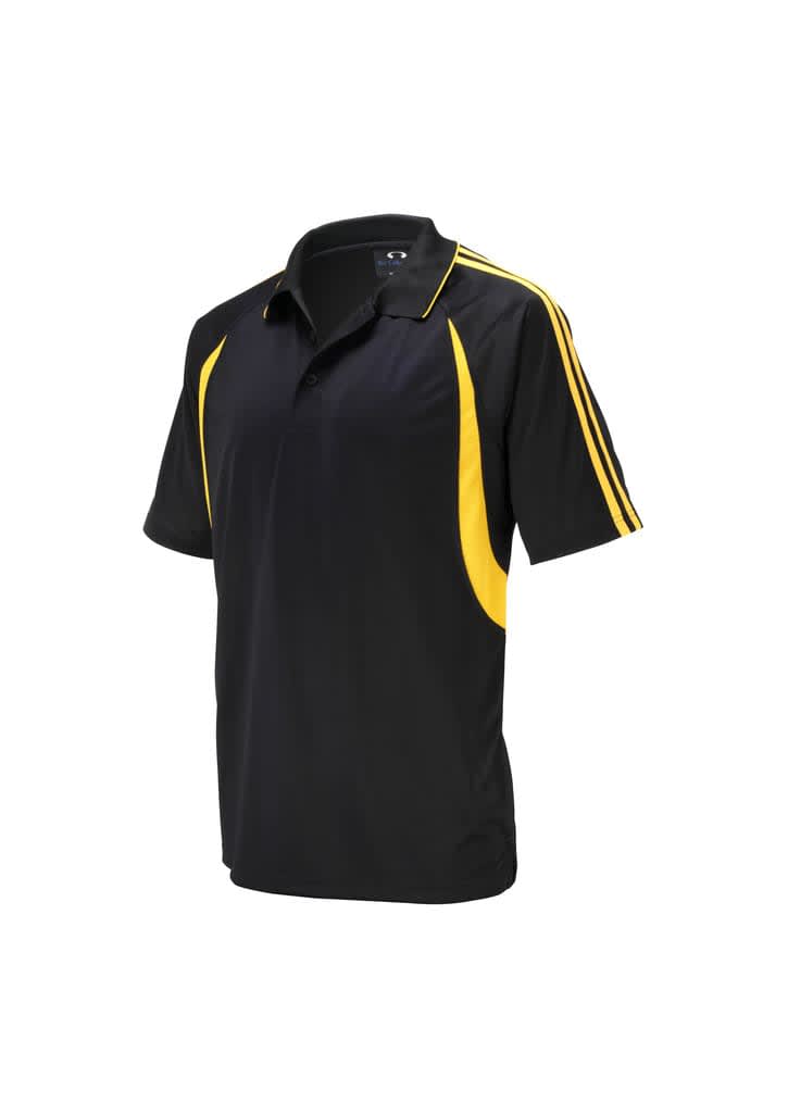 A black polo shirt featuring yellow accents and stripes, with a collar and short sleeves. It includes a logo.