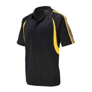 A black polo shirt with yellow accents and stripes, featuring a collar and short sleeves. The shirt has a logo.