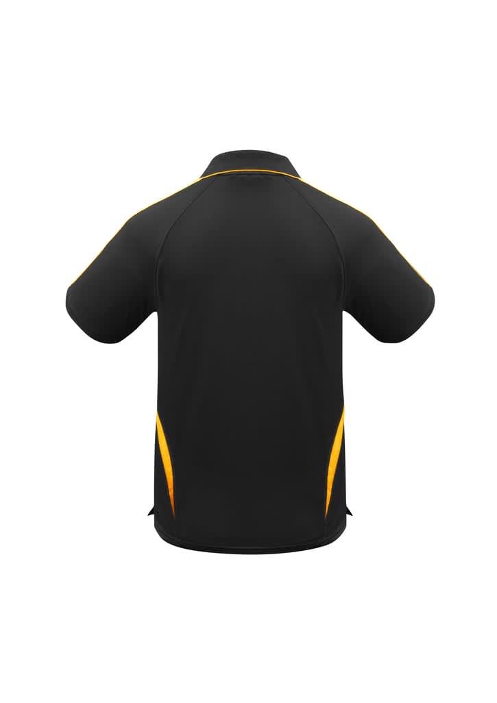 A black polo shirt with yellow accents, featuring a logo on the back.
