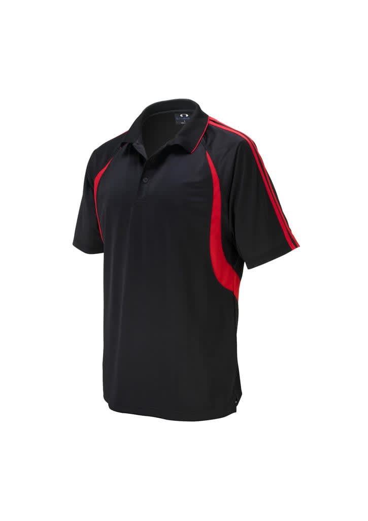 A black polo shirt with red accents and a small logo on the chest. Suitable for kids.