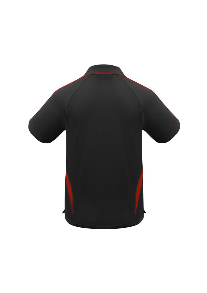 A black polo shirt with red accents and a logo on the back. Suitable for kids.