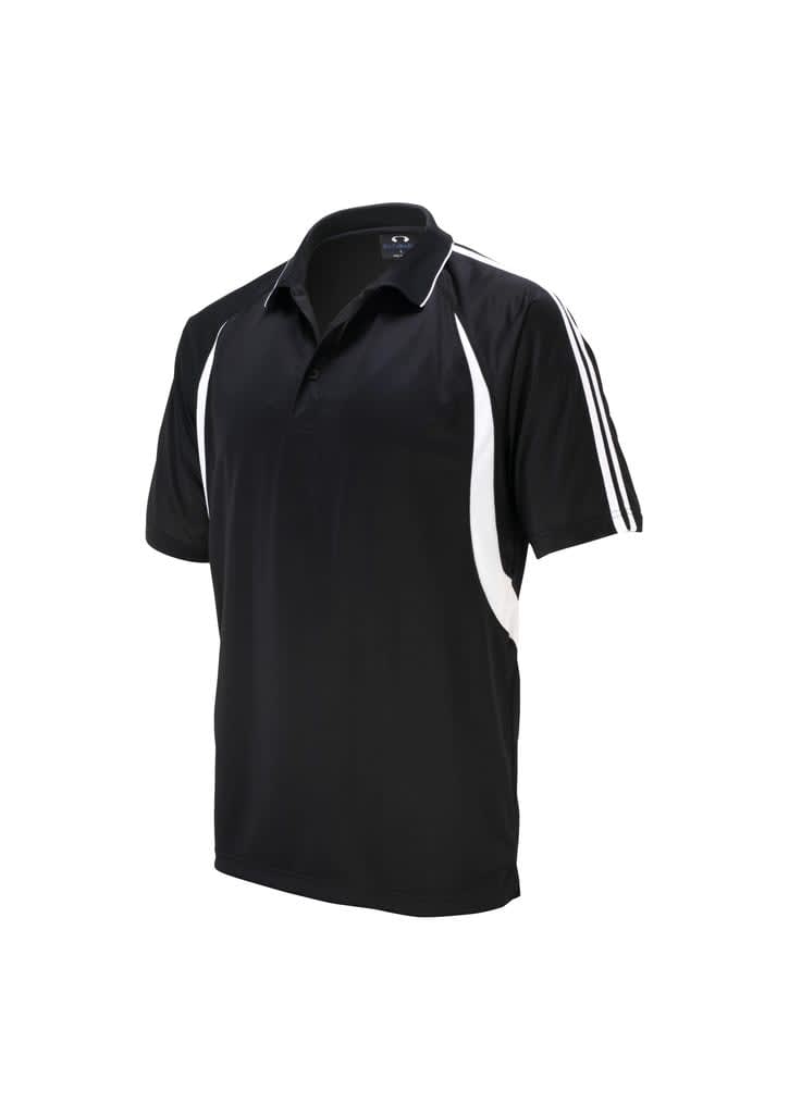 A black polo shirt featuring white side panels and stripes, with a collar and short sleeves. It has a logo on it.