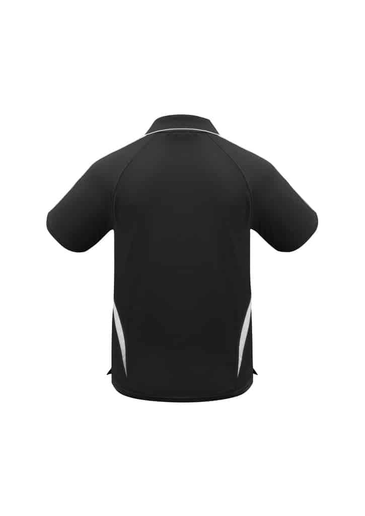 A black kids' polo shirt with white detailing on the sides and a logo. Features a classic collar design.