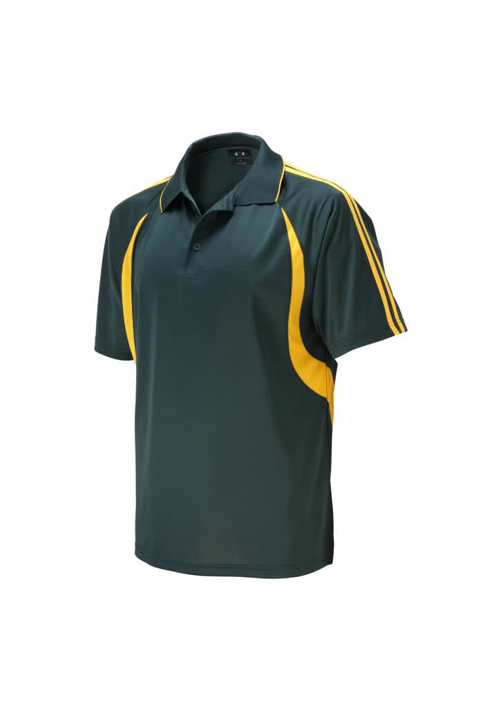 A green polo shirt with yellow accents and a logo on the chest. It features a collared neckline and short sleeves.