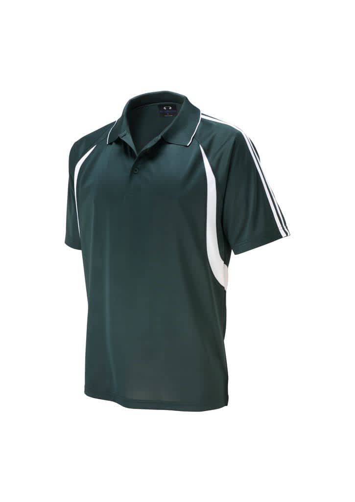 A green polo shirt with white accents and a logo, featuring a classic collar and short sleeves.