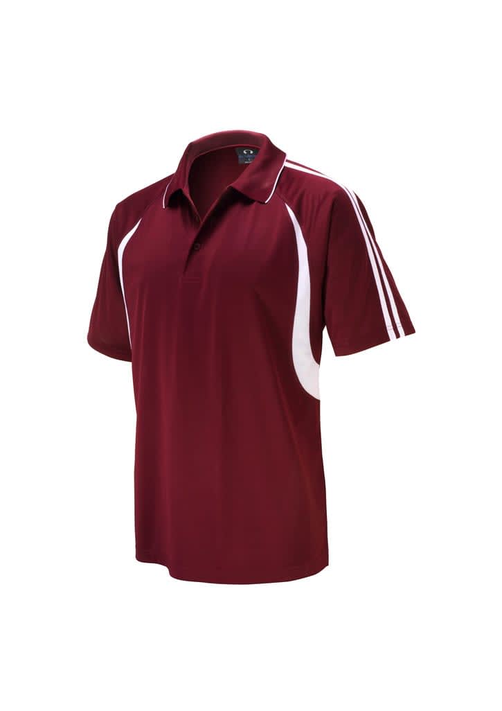 A maroon polo shirt with white stripes on the sides and a collar, featuring a logo.