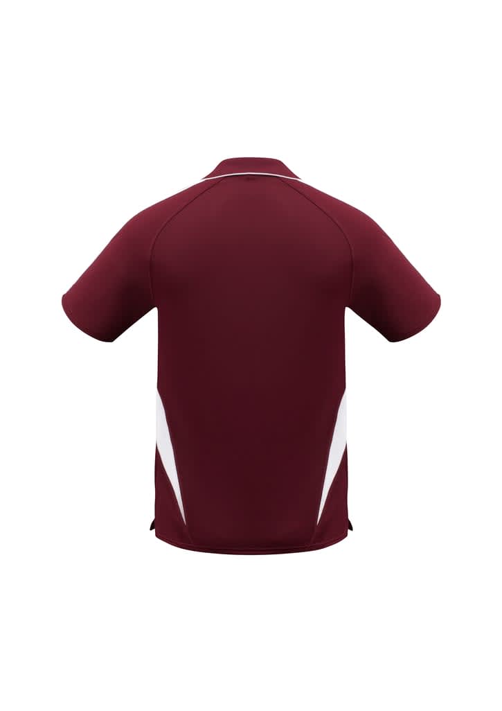 A maroon polo shirt featuring contrasting white side panels and a collar. It has a logo on the front.