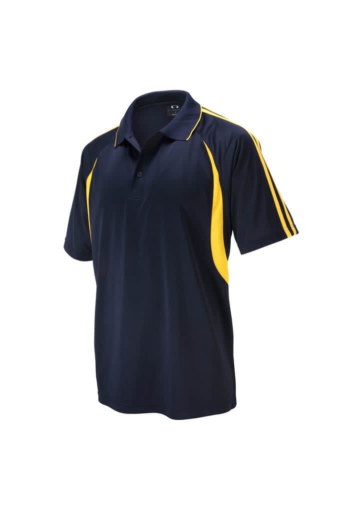 A navy polo shirt with yellow accents and a collar, featuring a logo on the chest.
