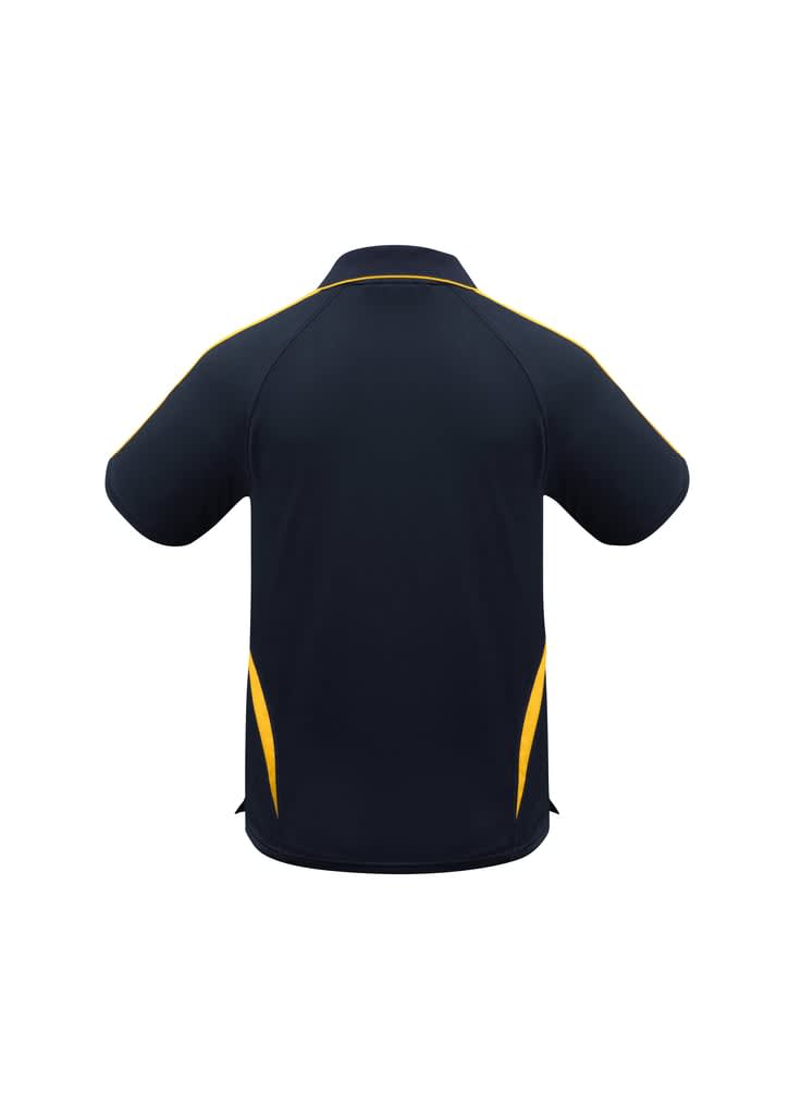 A navy blue polo shirt with yellow accents, featuring a logo. The design includes short sleeves and a collar.