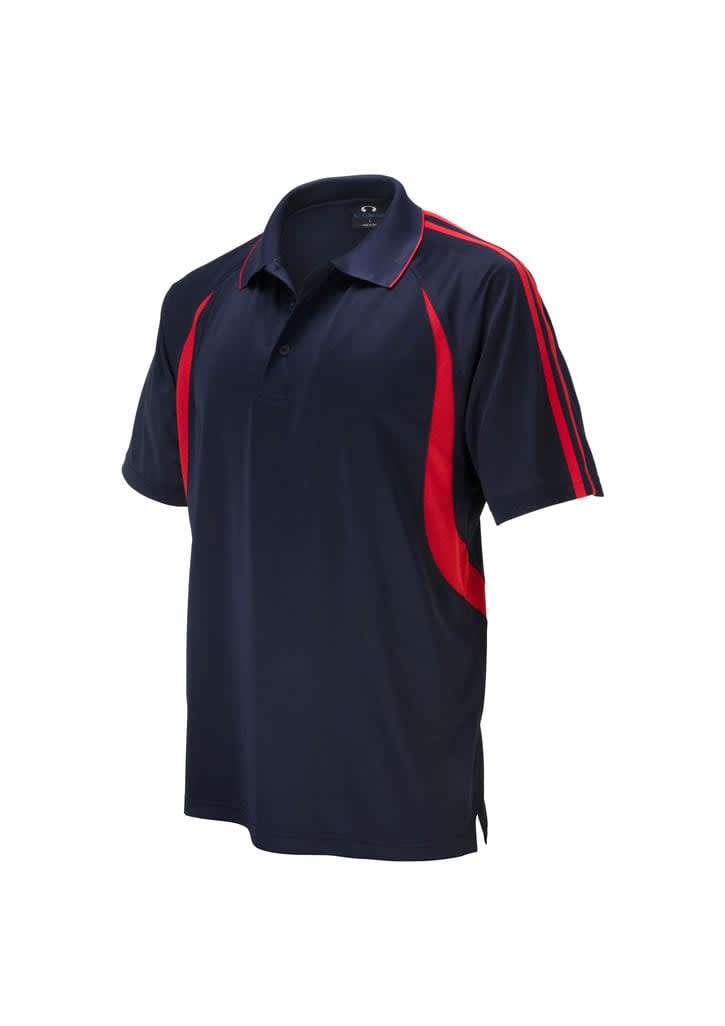 A navy blue polo shirt featuring red side stripes and a collar, with a logo on the chest.