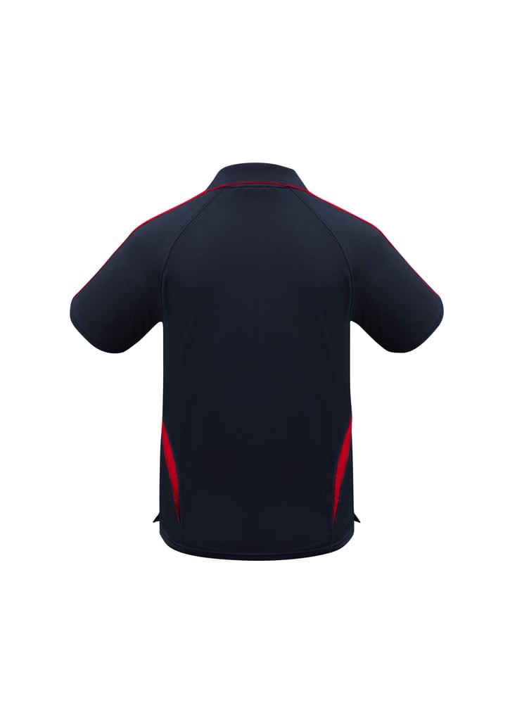 A polo shirt in navy blue with red accents, featuring a logo on the back.