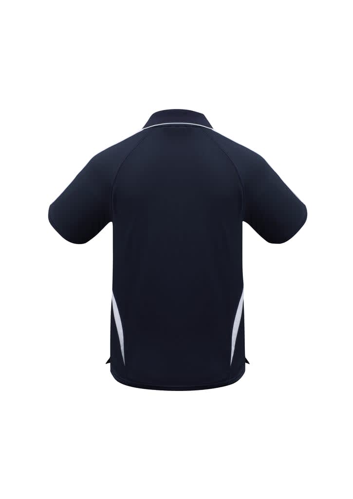 A navy blue polo shirt with white accent details and a logo on the front. The back is plain.