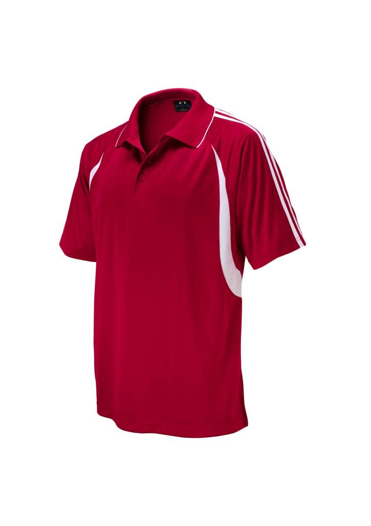 A red polo shirt with white accents and a logo, featuring a classic collar and short sleeves.