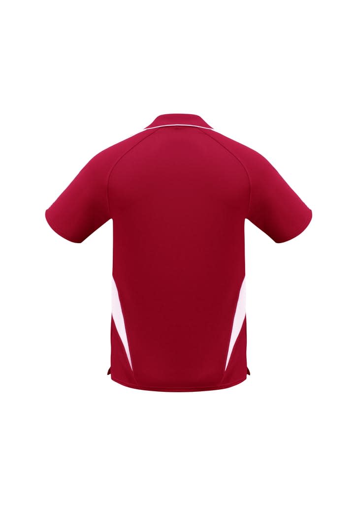 A red polo shirt with white accents, featuring a branded logo on the back.