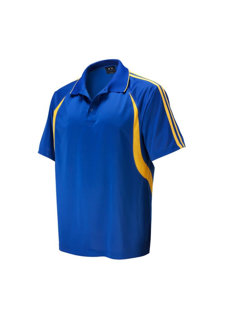 A blue and yellow polo shirt featuring a collar and stripes on the sleeves with a logo.