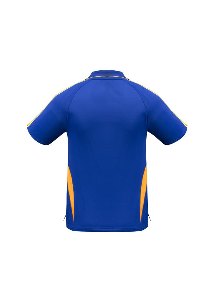 A blue polo shirt with yellow accents and branded logo on the back.