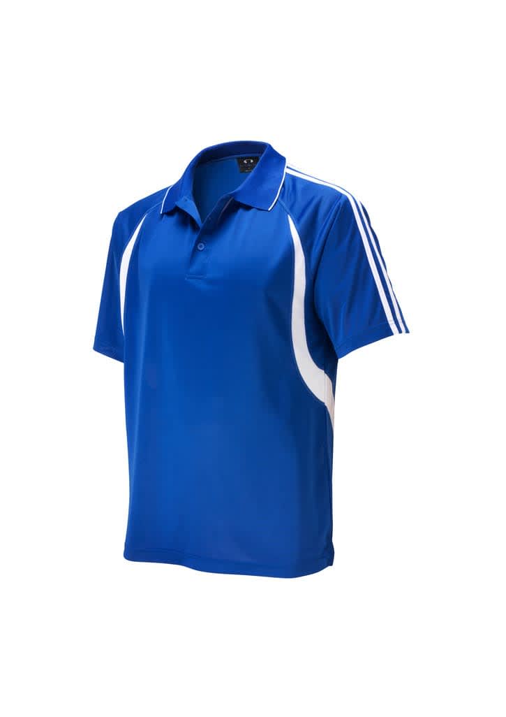 A blue polo shirt featuring white accents and three stripes on the sleeves, designed for kids.