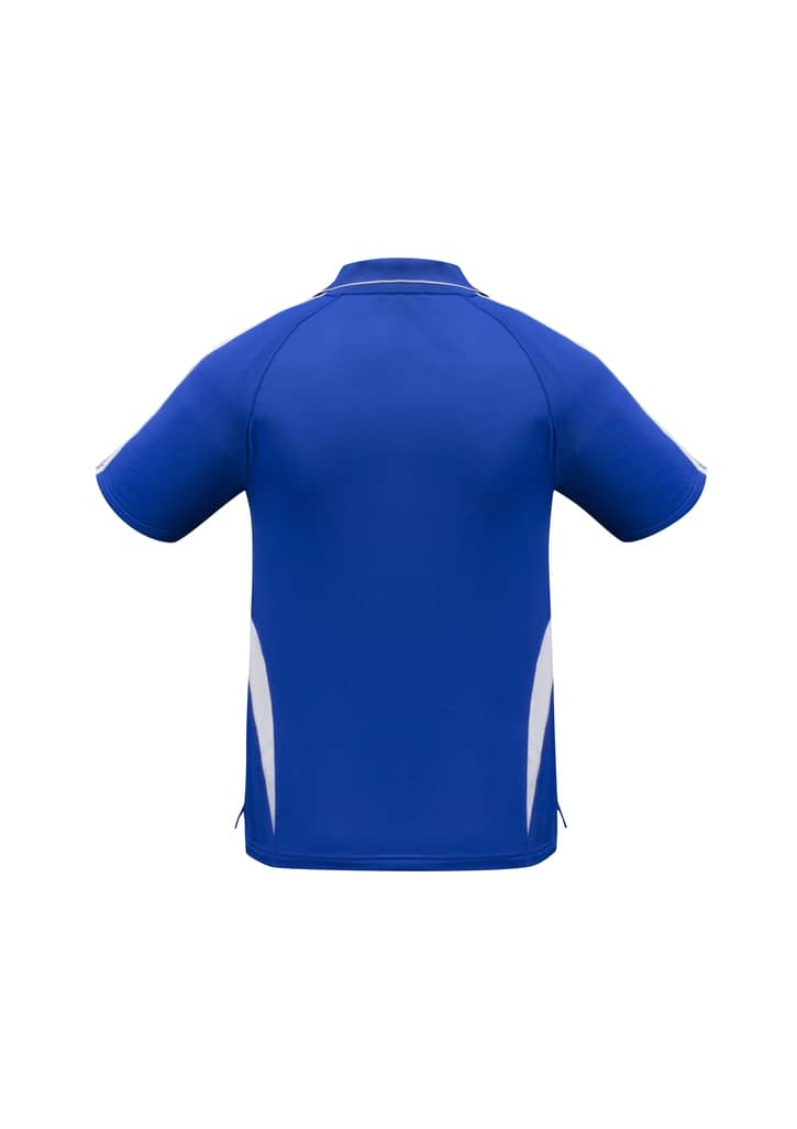 A bright blue polo shirt featuring white side panels and a logo on the back.