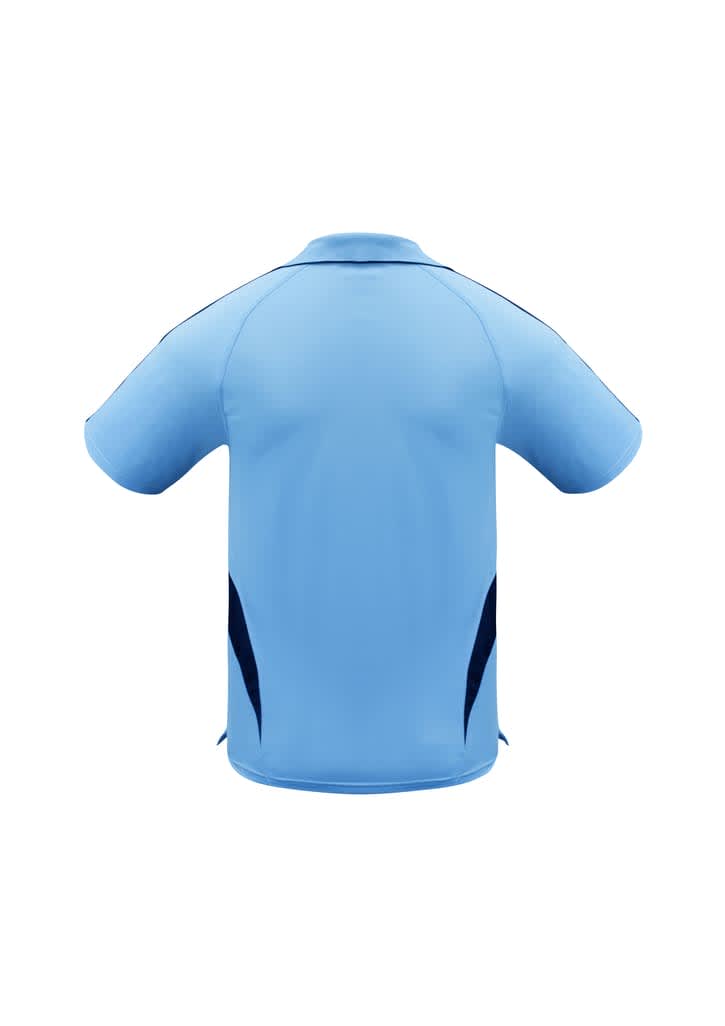 A light blue polo shirt featuring black accents and a logo on the back.