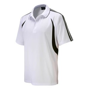 A white polo shirt with black accents and stripes, featuring a collar and short sleeves. It has a logo.