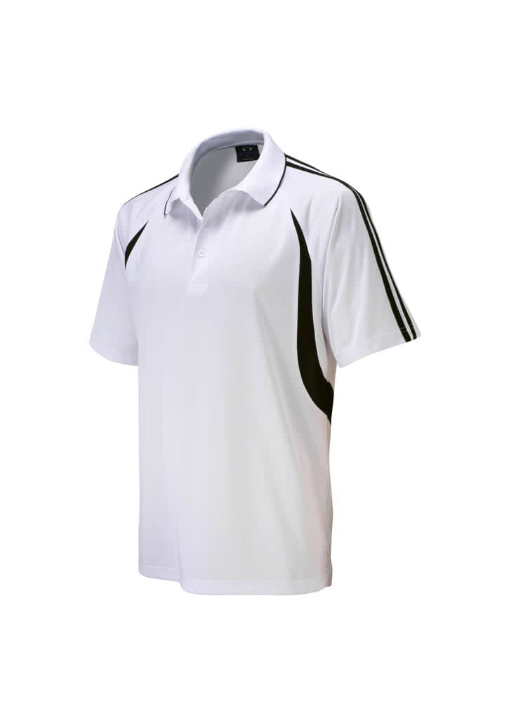 A white polo shirt with black accents and stripes, featuring a collar and short sleeves. It has a logo.