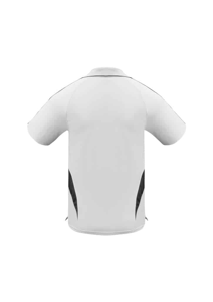 A white polo shirt featuring black details and a logo. The shirt has short sleeves and a collar.