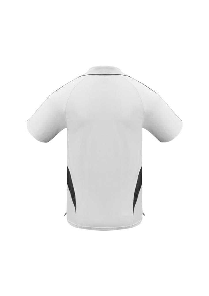 A white polo shirt featuring black accents and a logo on the back, designed for men.