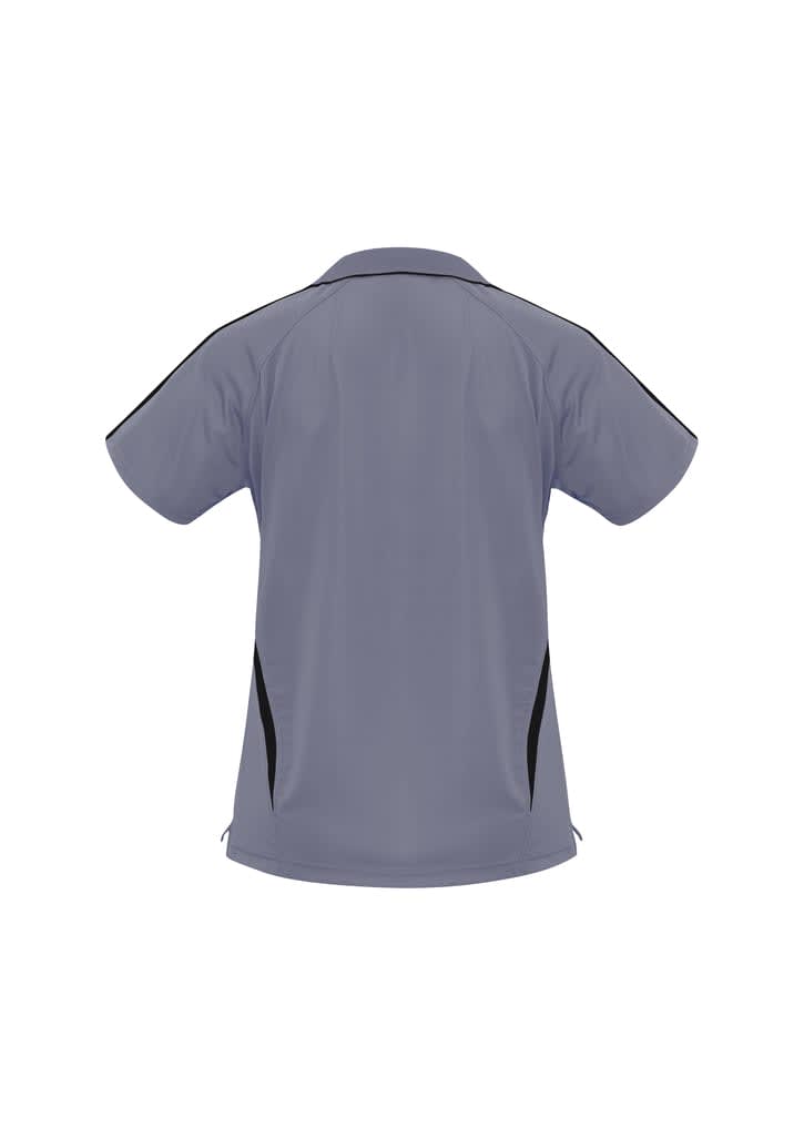 A grey ladies' polo shirt with black side accents and a collar, featuring a logo on the back.