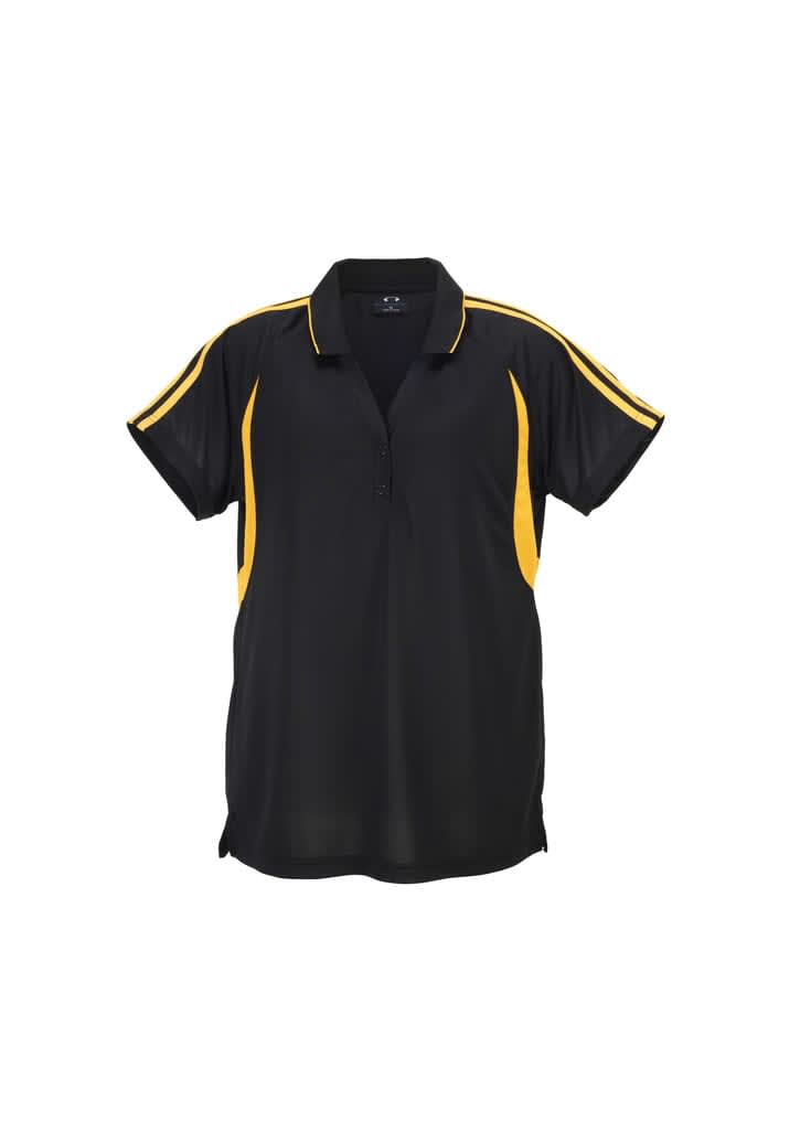 A black polo shirt with yellow accents and a collar, featuring a logo on the front.