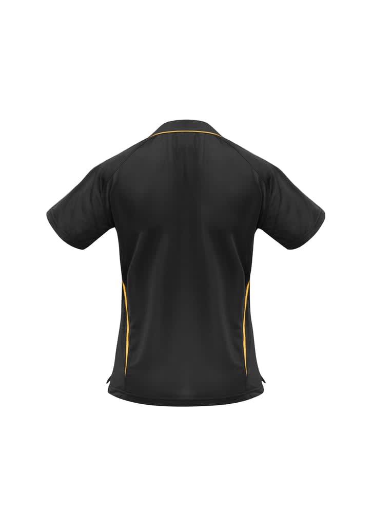A black polo shirt with yellow detailing, featuring a logo on the back and a short-sleeved design.