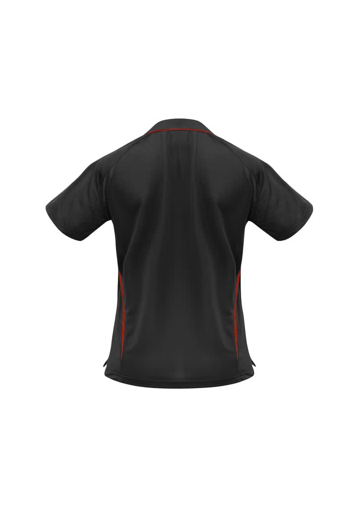 A black polo shirt with red accents, featuring short sleeves and a logo on the back.