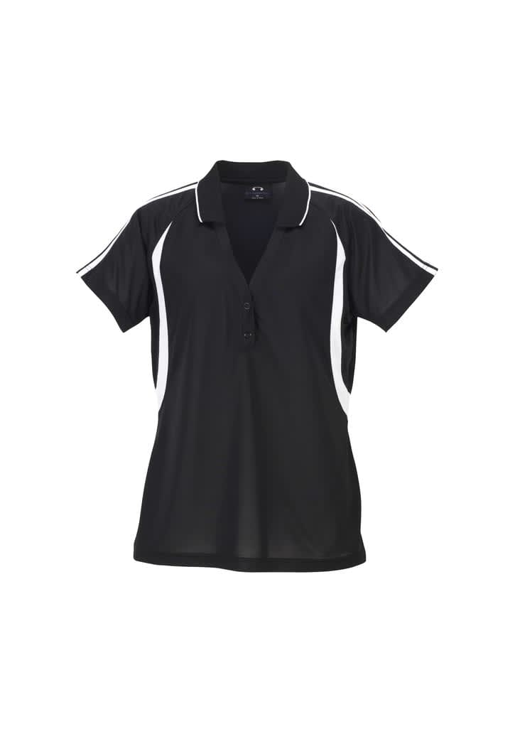 A black ladies polo shirt featuring white stripes and a collar, with a logo on the front.