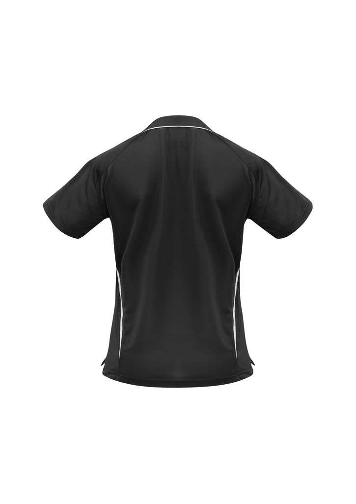 A black polo shirt with short sleeves and contrasting white side accents. It features a logo.
