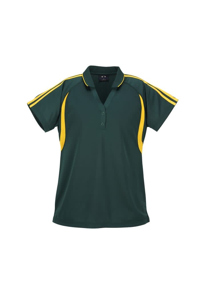 A green and yellow ladies polo shirt with short sleeves and a collar, featuring a logo.