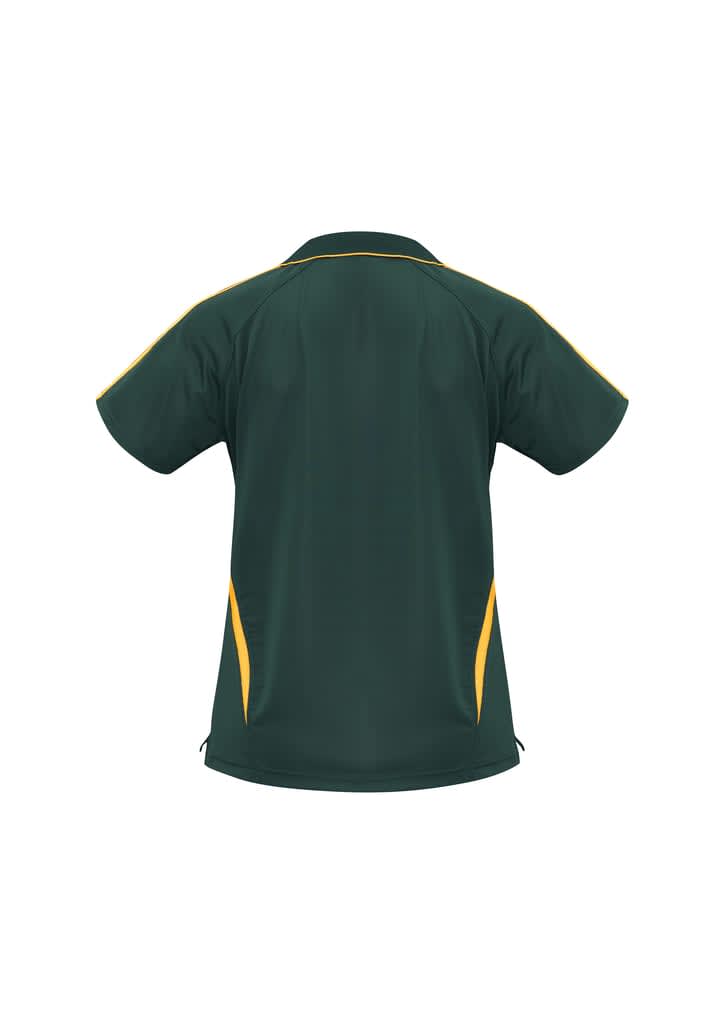 A green polo shirt with yellow detailing and a logo, featuring short sleeves and a collar.