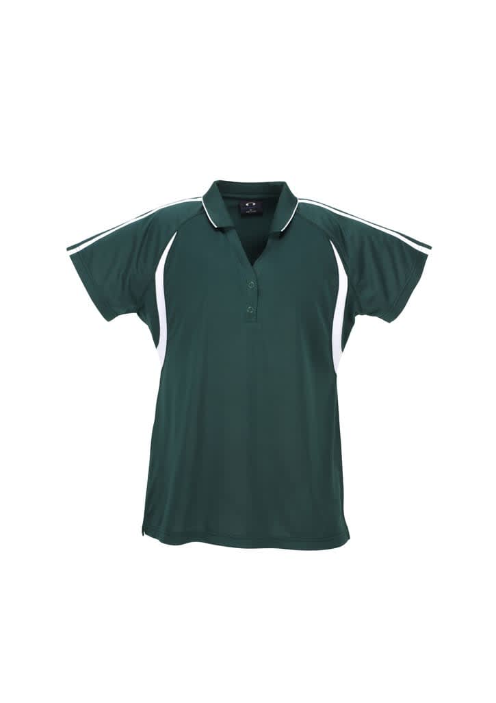 A green ladies' polo shirt featuring white accents and a collar. It has a logo on the front.