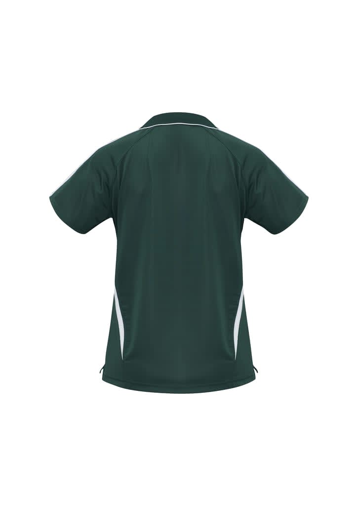 A green polo shirt featuring short sleeves and white accents, with a logo on the back.