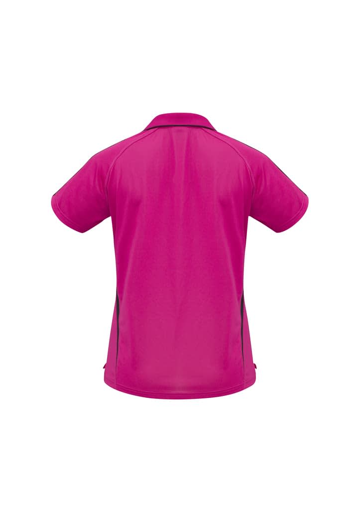A pink polo shirt featuring a back view, designed with short sleeves and side accents, includes a logo.