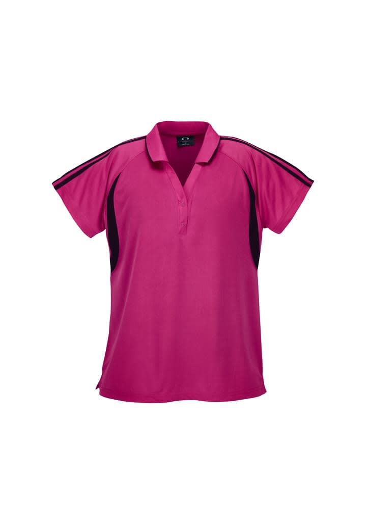 A pink polo shirt with black accents and a collar, featuring a logo on the front.