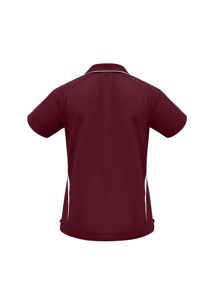 A maroon polo shirt with short sleeves and white side accents, featuring a logo on the back.