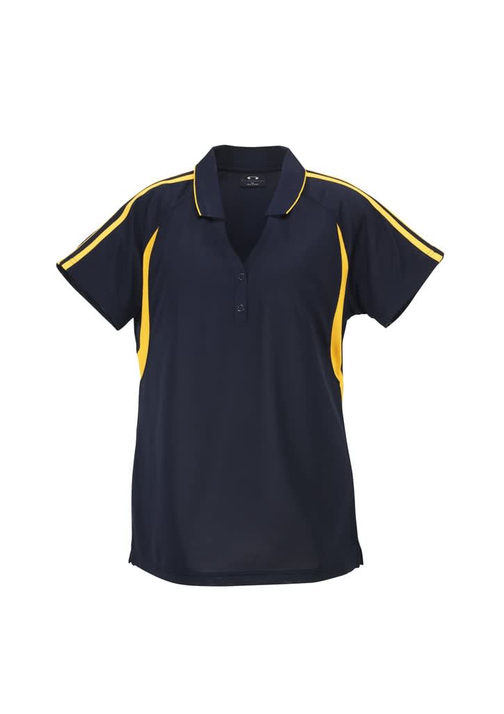 A navy polo shirt with yellow accents and a collar, featuring buttons and a branding logo.