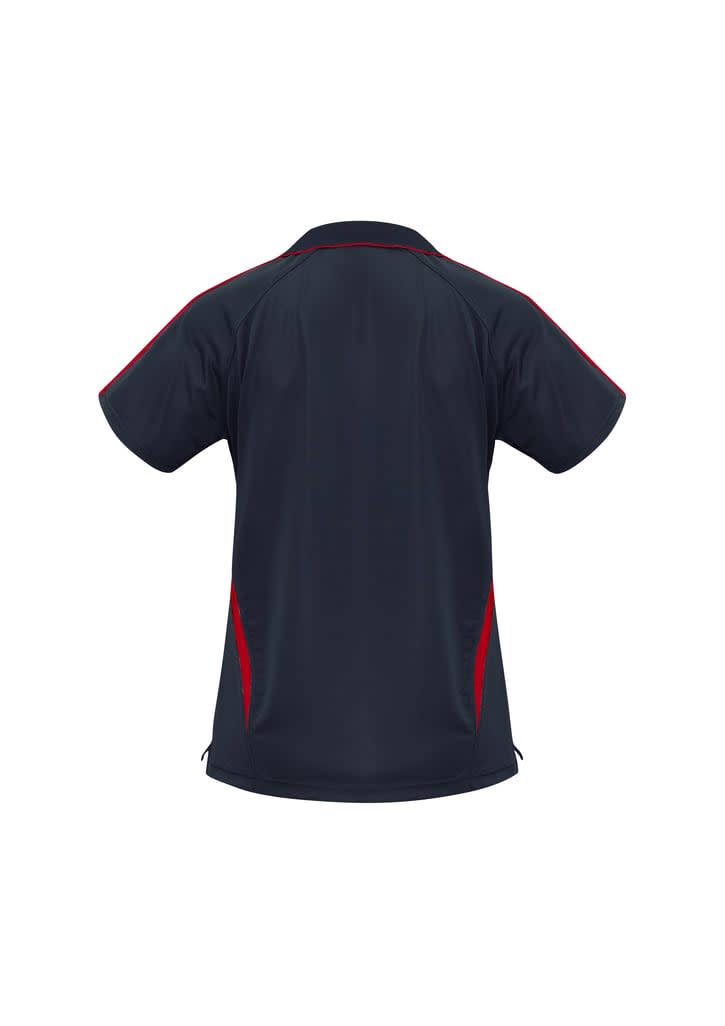 A navy polo shirt with red accents, featuring a logo on the back. Designed for ladies.