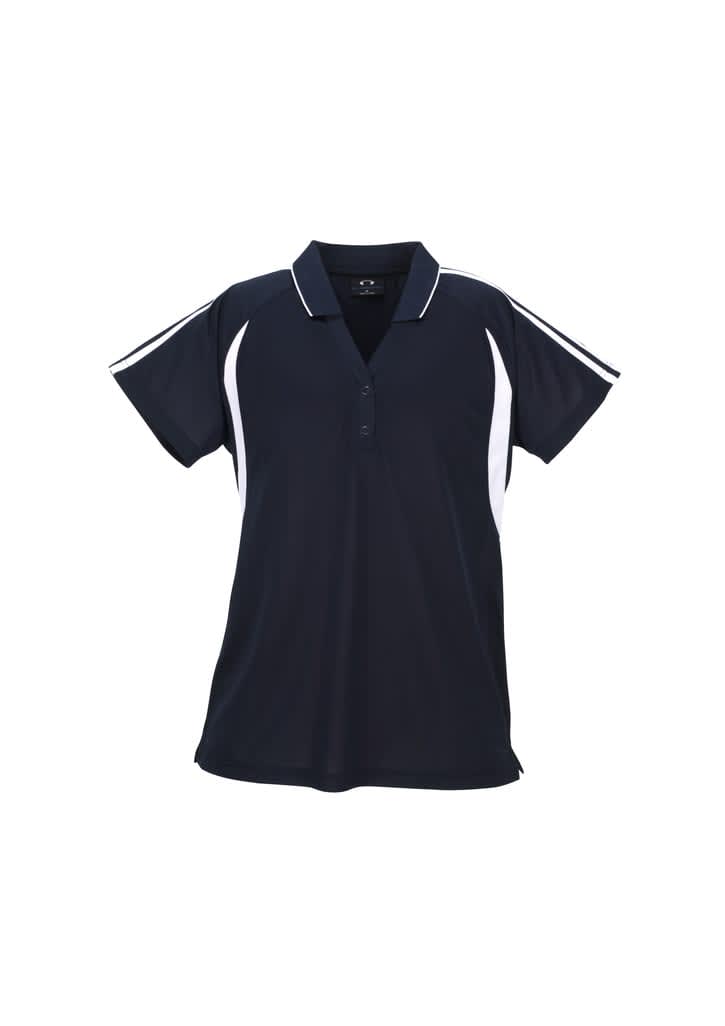A navy blue ladies polo shirt with white side stripes and a collar. The shirt features a logo.