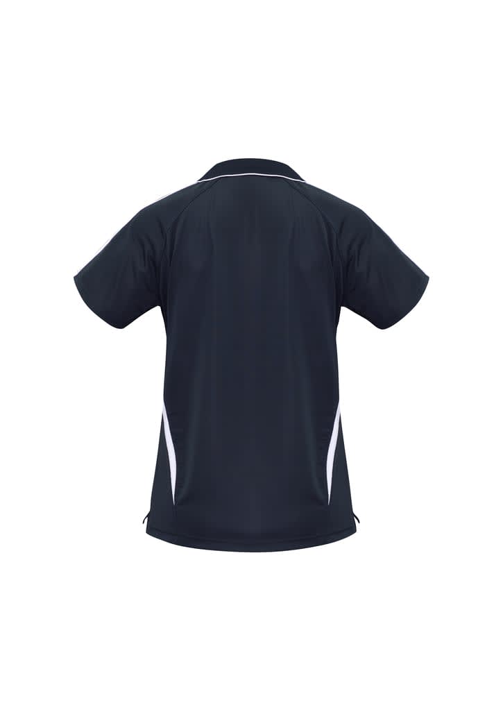 A black polo shirt featuring white side accents and a logo. The style is designed for ladies.