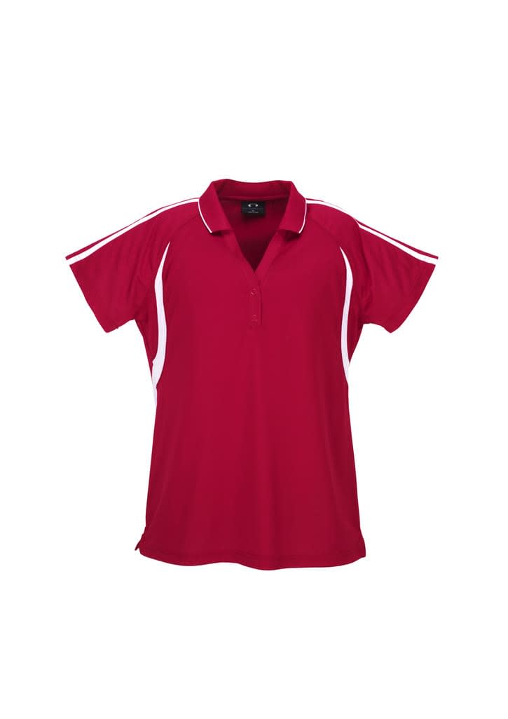 A red polo shirt with white accents and a collar, featuring a logo on the front.