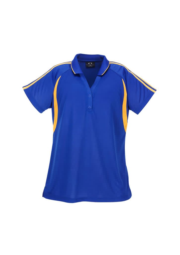 A blue ladies polo shirt with yellow accents and a logo on the chest area.